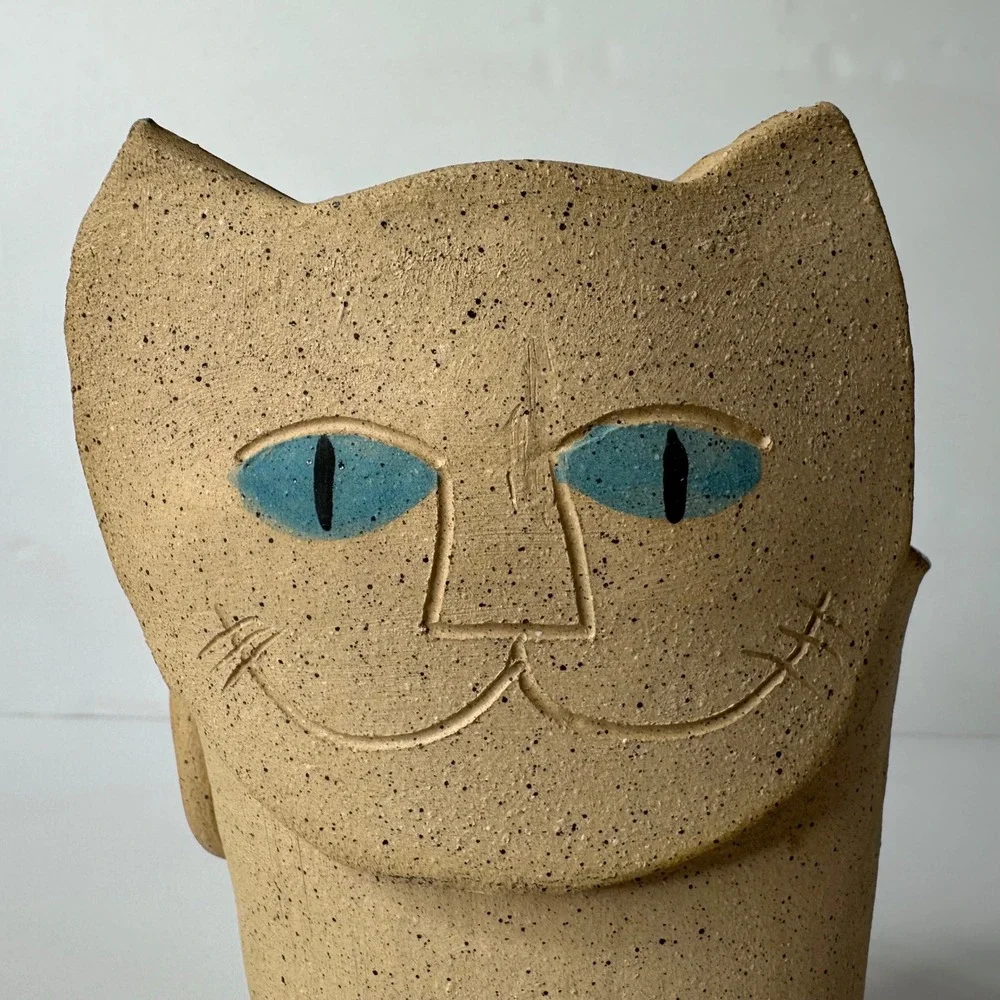 Vintage Studio Pottery Cat Vase Folk Art Stoneware Feline Figurine 9
